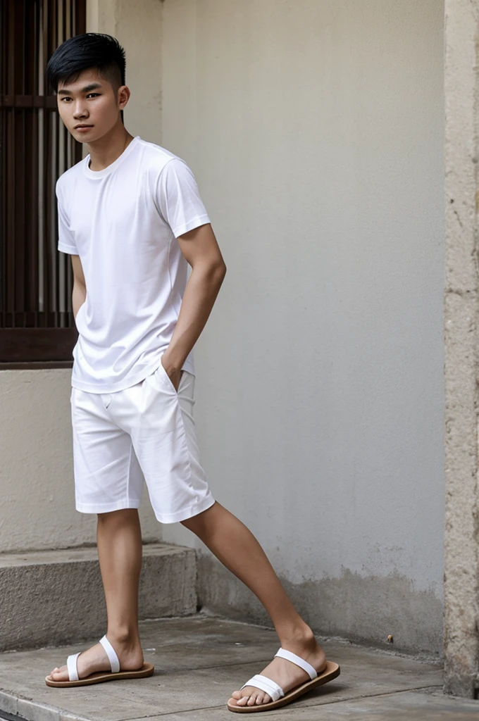 A young Thai man wears a white t-shirt and sandals.