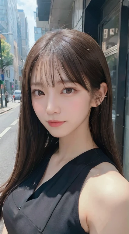 ((best quality, 8K, masterpiece :1.3)), whole body, Clear focus: 1.2, Perfect body beauty: 1.4, Slim abs: 1.2, ((Dark brown hair, : 1.2)), Vest Dress: 1.1, (street: 1.1), Highly detailed face and skin textures, Delicateeyes, Double eyelids,((Full Body Shot)),Black stiletto heels,