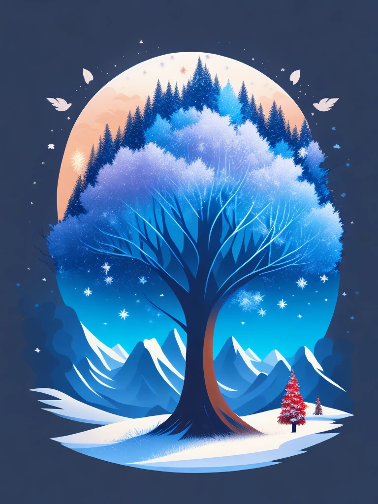 a spruice tree in a winter landscape, tshirt design, rzminjourney, vector-art
