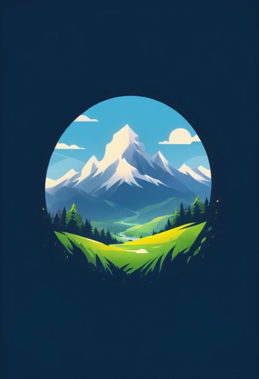 T-shirt design, Impressive snow-capped mountains、Paintings of the grassland, ameticulous, Environmental Art, meticulous, Silhouette Art, 2D Game Art, Background of the logo