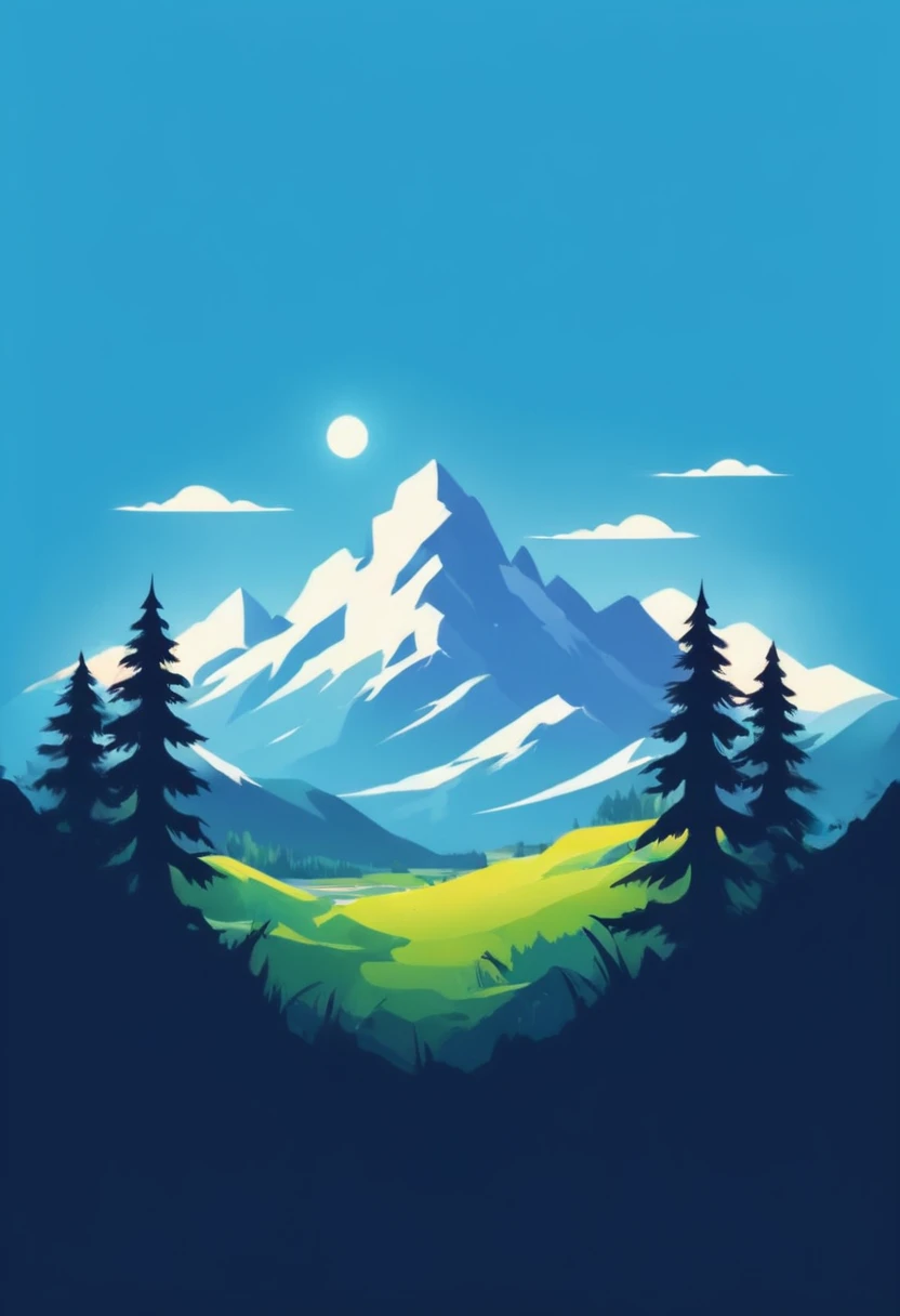 T-shirt design, Impressive snow-capped mountains、Paintings of the grassland, ameticulous, Environmental Art, meticulous, Silhouette Art, 2D Game Art, Background of the logo