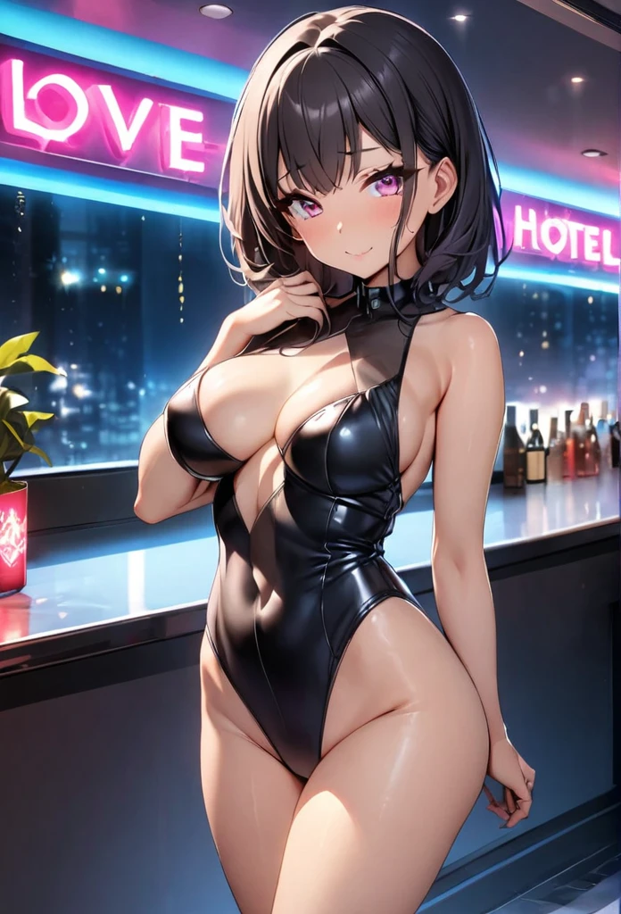 highest quality, One girl, (skeindentation), (blur background:0.6), , Love Hotel、black hair,pink eyes,leotard,