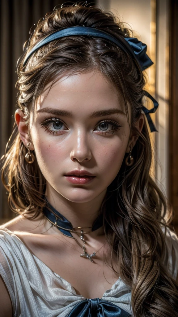 One girl, masterpiece, ((Highest quality:1.4)), 8K, Detailed skin texture, Detailed cloth texture, ((Beautifully detailed face:1.4)), Intricate details, Super detailed, Alice in Wonderland, (A ribbon on her head:1.1), ((Upper Body))