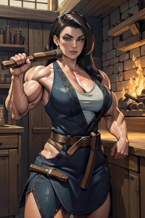 (masterpiece:1.4),(best quality:1.4),(highres:1.4),intricate details,(highly detailed skin:1.2),muscle mommy,muscular female,25yo female,blacksmith, forge, flexing, hammer