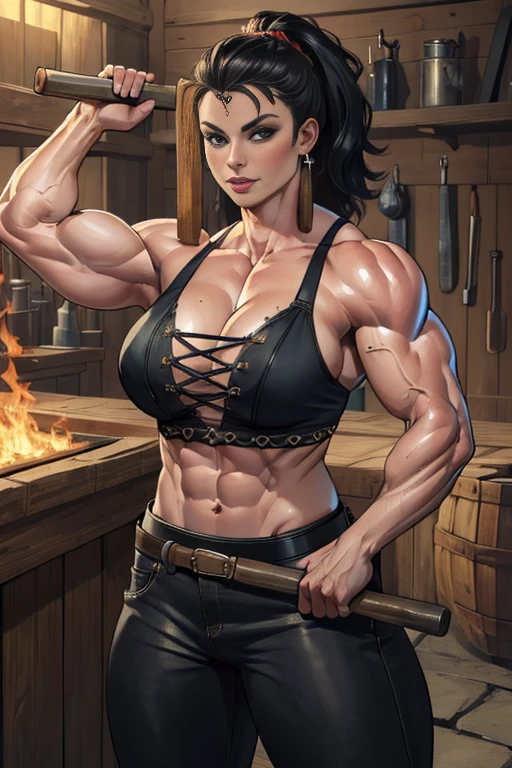 (masterpiece:1.4),(best quality:1.4),(highres:1.4),intricate details,(highly detailed skin:1.2),muscle mommy,muscular female,25yo female,blacksmith, forge, flexing, hammer