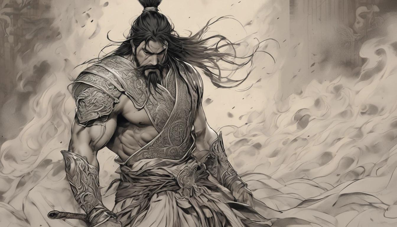 Line art drawing comic a perfect handsome male, Clear Face, Man in his 40s,muscle, Ancient Chinese armor,Topless, Black Hair, Long Beard, (whole body), Fine grain, Detailed face,Perfect hand-crafted detail,Big Sword,anger,
cast (unfathomable,Bamboo Flooring,Fire Glass Panel Brownian Motion,Diagonal lines,Zenith angle,Dust storm,Superfluid,ball,oval ,Flowing magic:1.0)| Shogun, (Vibrant,Illuminate,Enthusiast,cycle,Emerald green,Chrome Yellow Arcanum,Dazzling,shine ,liquid crystal,Space dust,Teleport,The Magic of Dashed Lines:1.0) Purification spell, Trace the symbol on the parchment with a quill, Precisely craft a spell, Astral Sparkle, Simple Positive XLv1, Ultra-high resolution, wallpaper, 8K,Richly textured details, Elevation, A magnificent composition, . graphic illustration, Comic art, graphic novel art, Vibrant, Very detailed . Professional, Sophisticated, Modern, Minimalist, graphic, Line art, vector graphics