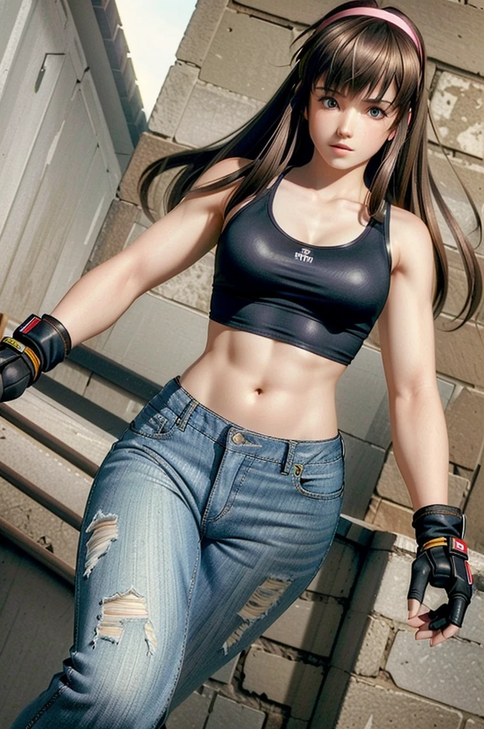 (masterpiece, best quality:1.3)
DOAHitomi, 1girl, solo, long hair, gloves, navel, hairband, midriff, pants, tears, fingerless gloves, dutch angle, tank top, denim, jeans, realistic, retro artstyle, 1980s \(style\)
