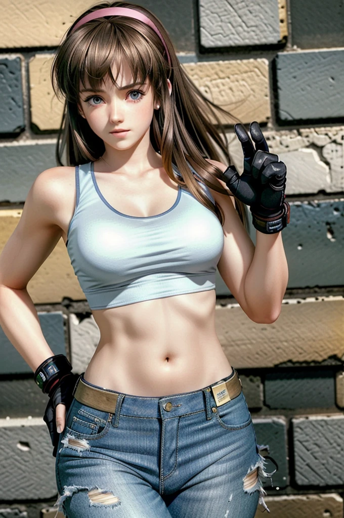 (masterpiece, best quality:1.3)
DOAHitomi, 1girl, solo, long hair, gloves, navel, hairband, midriff, pants, tears, fingerless gloves, dutch angle, tank top, denim, jeans, realistic, retro artstyle, 1980s \(style\)