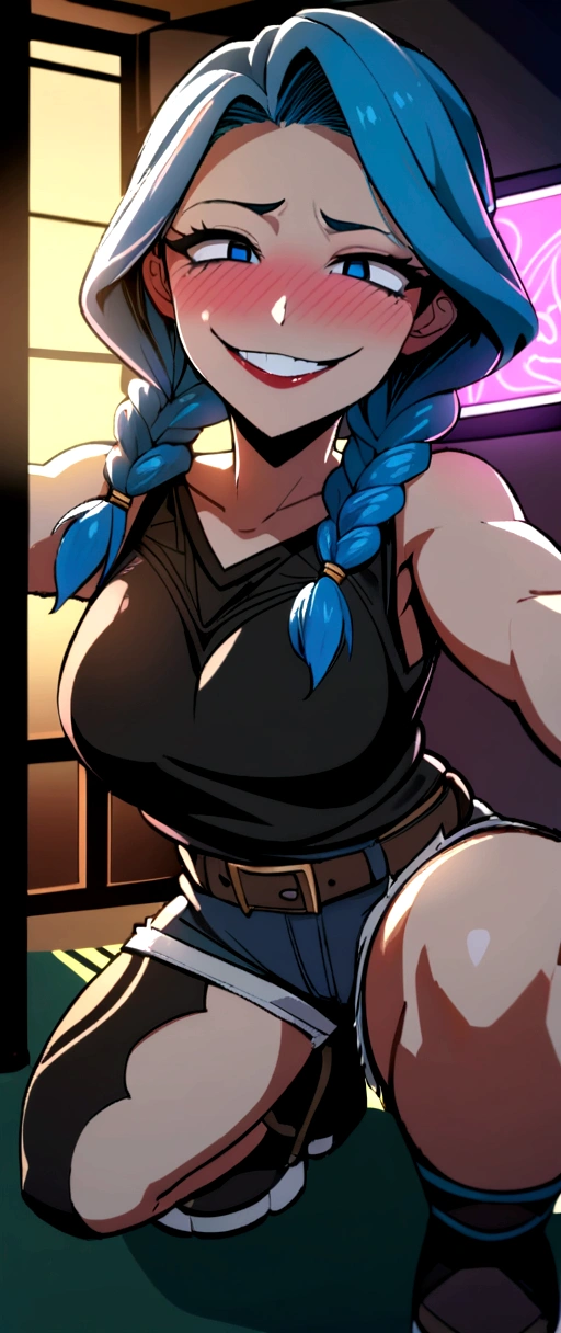 1girl, (Tafah:1.3), (High accuracy), (8 kilos), (Very detailed), (4K), (featuring.pixiv), Perfect face, Beautiful eyes and face, (Best quality), (Very detailed), Detailed face and eyes, (Single), Textured leather, Absurdities, High accuracy, wz_fast_no_Freeze_style, Jinx \(league of legends\), 1girl, Twin braids, Single elbow glove, Short shorts, Bikini top only, قnoدة, belt, bullet, Fingerless gloves, Throw, Selfie, room, a night, Window, Qamar, Neon lights, (Evil smile:1.3), nose blush, Blue hair, Squatting,