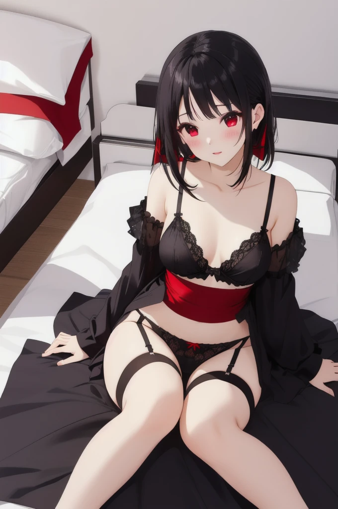 Black Hair、Red ribbon、Red eyes、In underwear、Small breasts、Small breasts、garter belt、Bedroom、On the bed、Blushing、Glamorous expression、