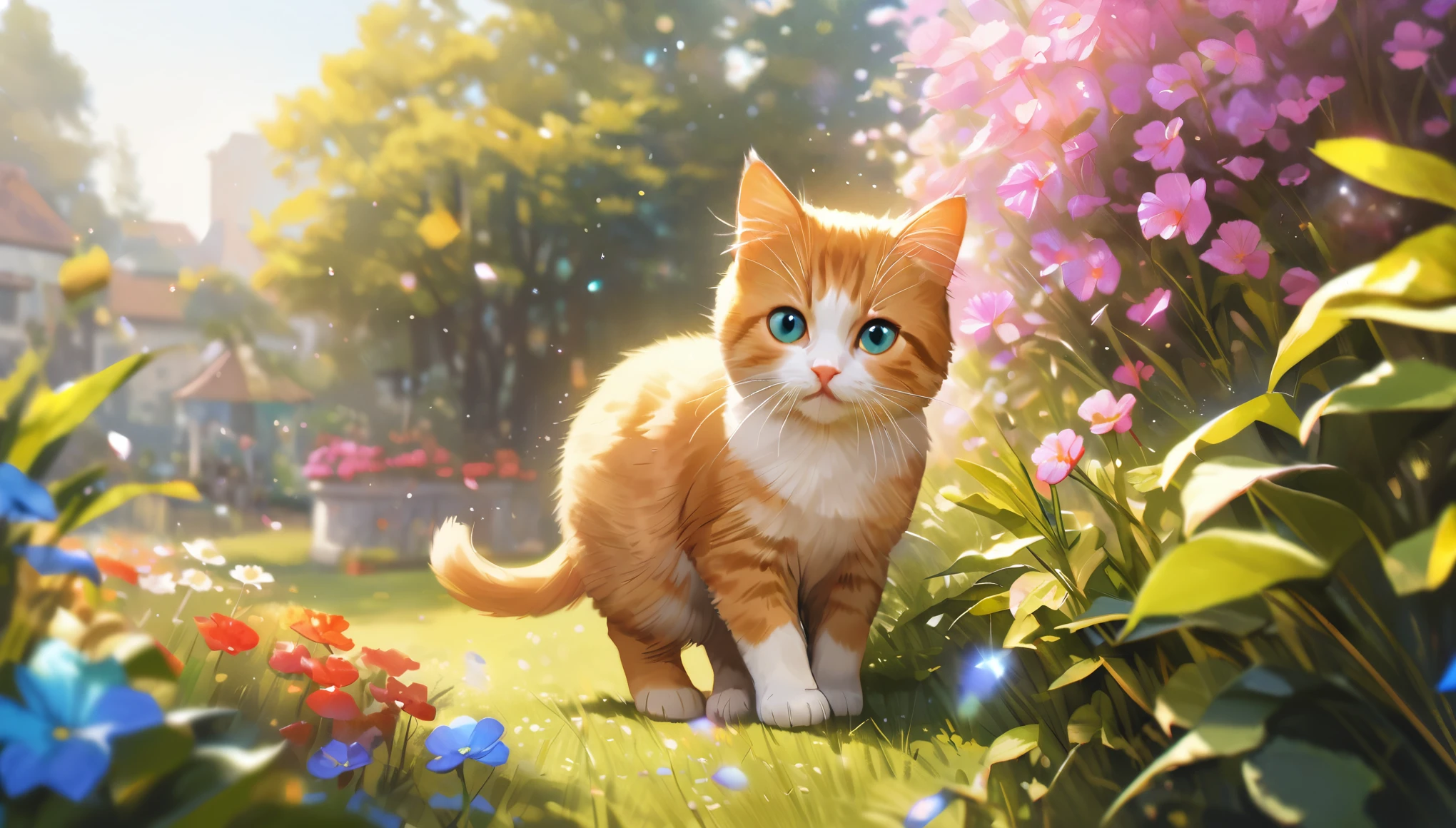 garden, Cute kitten,Blur the background,Glitter effect,Highest quality, 8K, High resolution, masterpiece:1.2, Very detailed, Realistic:1.37, High resolution, 超High resolution, Ultra-fine painting, Very detailed, Professional, Vibrant colors