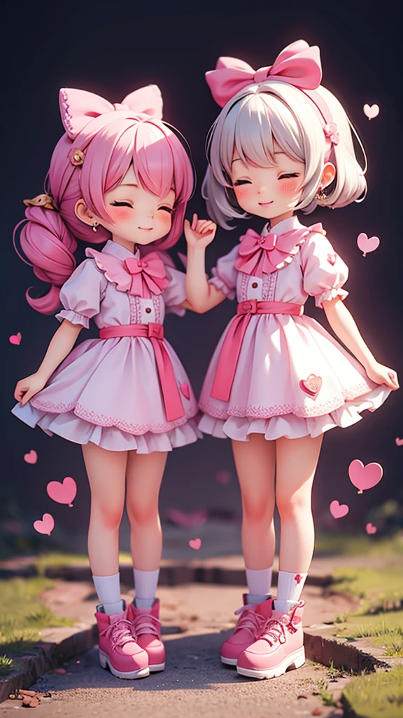 ((petite bishojo, 2girls)), ((kawaii face)), ((heart-shaped pupils)), (masterpiece), (top quality), ((hyper detailed)), (beautiful and aesthetic), (super detailed skin), (high standard), (high resolution), (perfect anatomy), (full body), (red cheek), ((jirai kei, ground mine)), (earring), (lipstick), ((closed eyes, cheek to kiss))