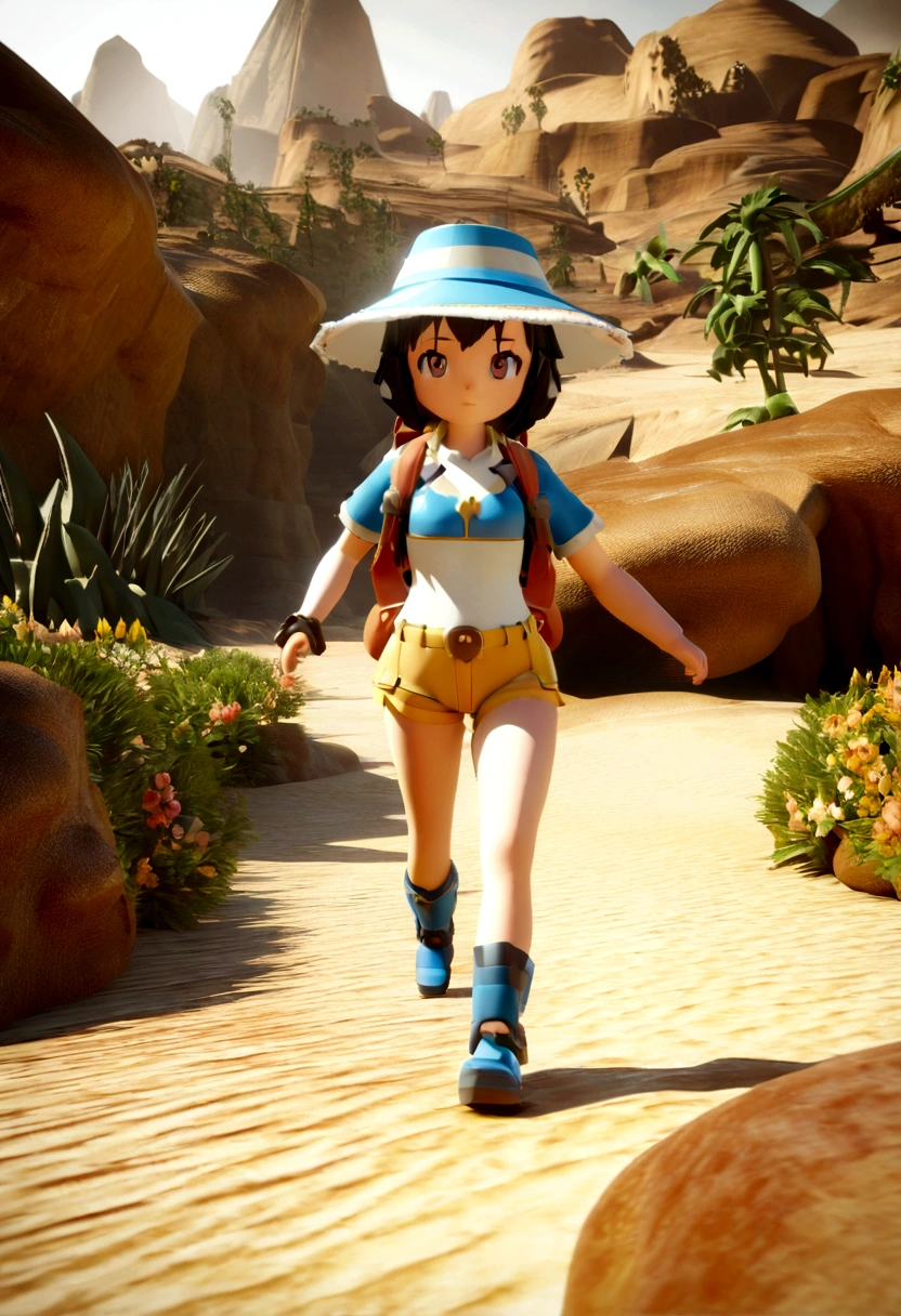 There is a poster with a cartoon character in a hat and backpack, female explorer mini cute girl, walking in the desert, flower jungle, animation style rendering, provocative clothes, cameltoe, mini shorts, beautiful 3D rendering, small characters. unreal motor 5, stylized anime, cute detailed digital art, Atey Ghailan 8K, Stylized 3D rendering, surreal adventure rendering, 3D anime style, Stylized 3D rendering