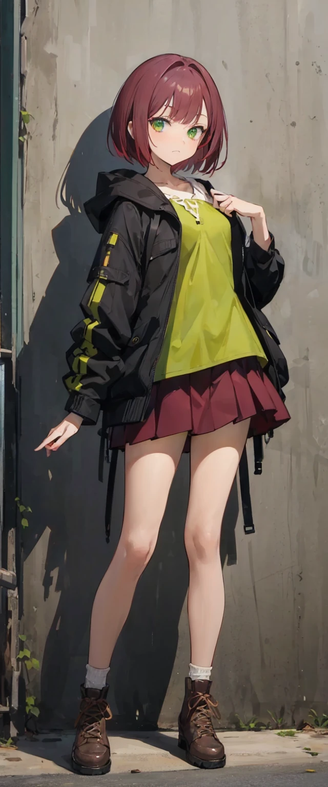girl, burgundy short hair, lime green eyes, droopy eyes,slender body,small breasts,black hooded jacket,yellow green blouse,burgundy skirt,standing,facing viewer,contrapposto,full body,
frown