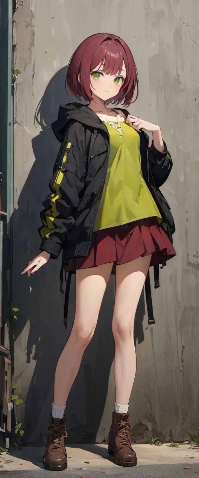 girl, burgundy short hair, lime green eyes, droopy eyes,slender body,small breasts,black hooded jacket,yellow green blouse,burgundy skirt,standing,facing viewer,contrapposto,full body,
frown