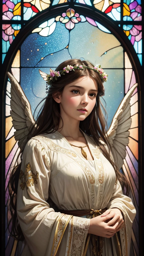 realistic,photorealistic,photo-realistic:1.37,best quality,4k,8k,highres,masterpiece:1.2,ultra-detailed,vibrant colors,stained glass,beautiful vintage angel woman,frontal face,front face,front view,determined expression,(large open angel wings:1.1),Alphonse Mucha style,intricate floral background,warm tones,soft lighting,1girl
