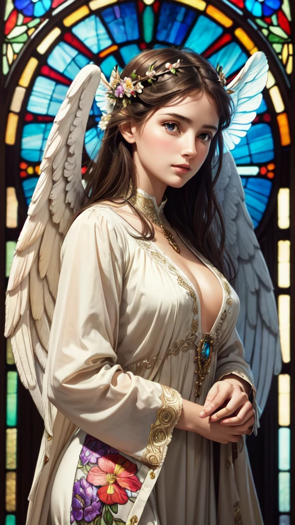 realistic,photorealistic,photo-realistic:1.37,best quality,4k,8k,highres,masterpiece:1.2,ultra-detailed,vibrant colors,stained glass,beautiful vintage angel woman,frontal face,front face,front view,determined expression,(large open angel wings:1.1),Alphonse Mucha style,intricate floral background,warm tones,soft lighting,1girl