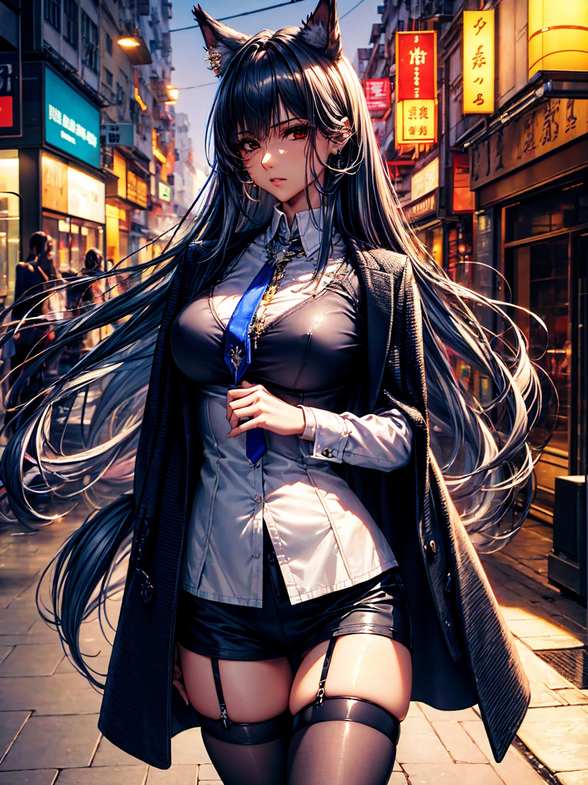 top-quality、tmasterpiece、Very high resolution、super high image quality、High-quality pixels)、perfect eyes, perfect face, perfect body figure，solo，8K, large breast，(Detailed description of hair), (Detailed description of face),(Detailed description of body), fair and clear skin, matchless beauty, long legged, dark grey hair details expressed, The details have been upgraded，opaque red eyeball color，model posture，dark grey fox ears，dark grey fox tail，Braless, pigsney, Looking at Viewer, arms behind back , put hands on the hip, (Perfect hands), puffies , Female pubic hair, see-through legwear, shirt, shirts lift, Earring, shiny eyes, long black open coat, Open jacket, Blue tie,long stocking, on Hongkong street,Cityscape,Night, symmetric outfit