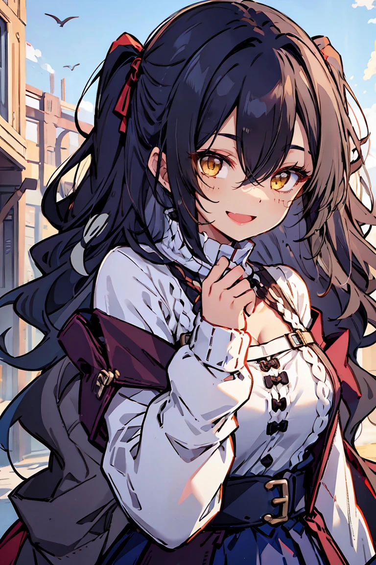 (masterpiece:1.2), (high quality:1.2), (hui xiyi:0.55), rekkyo sensen, rekkyou sensen, girls with((black hair, bangs, (one side up, long wavy hair:1.55), hand up, waving is hands, perfect hands, perfect fingers, exposed breasts, tits cleavage, breasts close up, dress((suspenders, dress:0.65), (belts:0.7), (blue clothes, frills shirt, white knit sweater, long sleeves:1.2)), upper body)), background with((fantasy world, ruin, castle, beautiful sky, shining sky, sunshine))