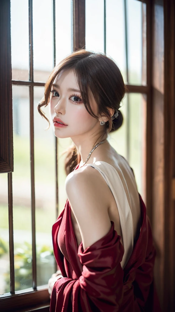 (((HD photo))), ultra high res.photorealistic:. 1.4, UHD1 girl,beautiful detailed eyes,beautiful detailed lips,extremely detailed face,long eyelashes,medium:oil painting,soft lighting,impressionistic style,red colors,beautifully shalwar kameez dressed,wistful expression,standing with one hand on the window frame,gentle breeze blowing her hair,warm sunlight streaming through the window,green plants visible outside the window,soft curtains framing the girl,peaceful atmosphere,serene and tranquil ambiance
