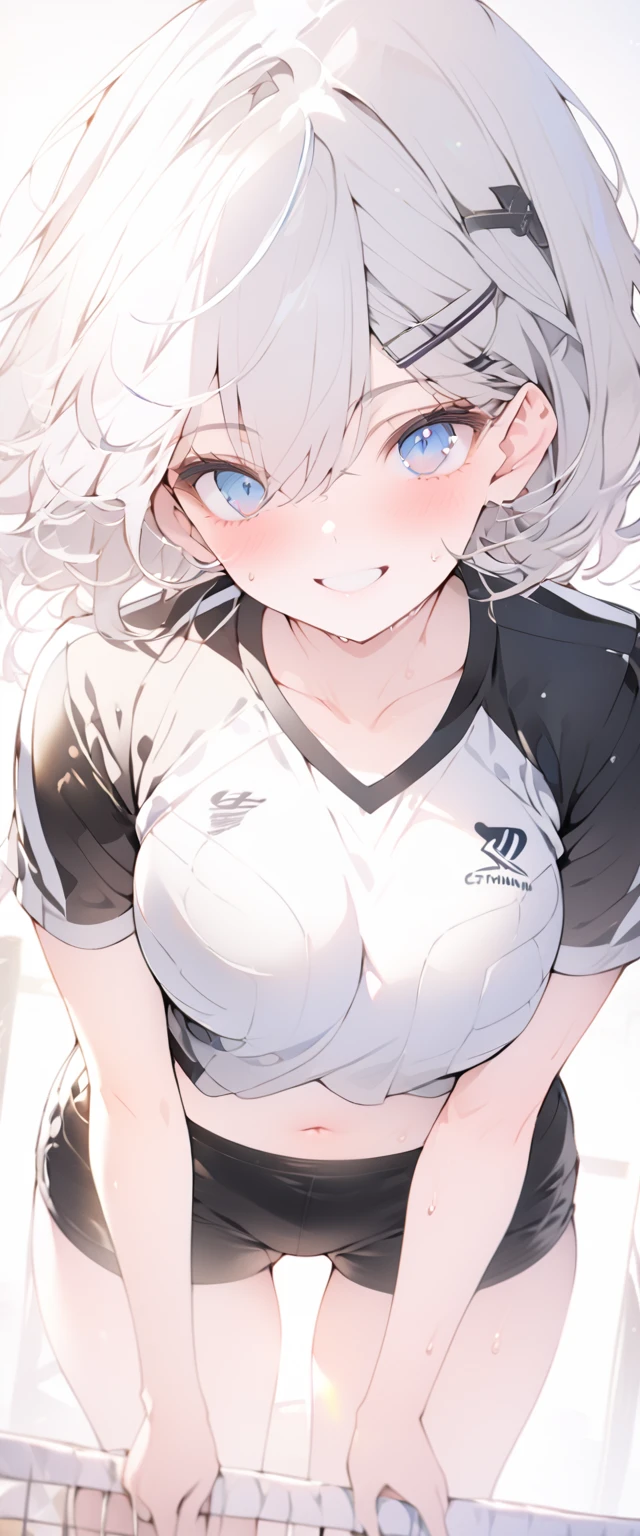 beautiful, masterpiece, Highest quality, anime, One girl, C Cup,Portrait Shot, View your viewers, Covered、Short Hair、nearby、Blue Eyes、art、、White hair,Blue streaked hair、hairpin、Cute smile、Thighs、Cute、Sweat、leather_Volleyball uniform、leather_Shorts、navel、gym、leather_separate、