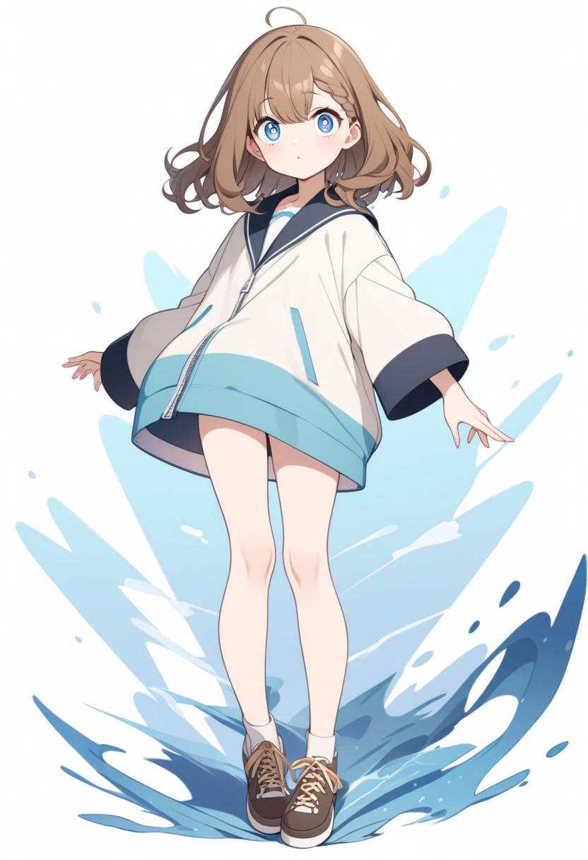 a girl, brown hair, short wave hair, big eyes, blue eyes, white background, full body