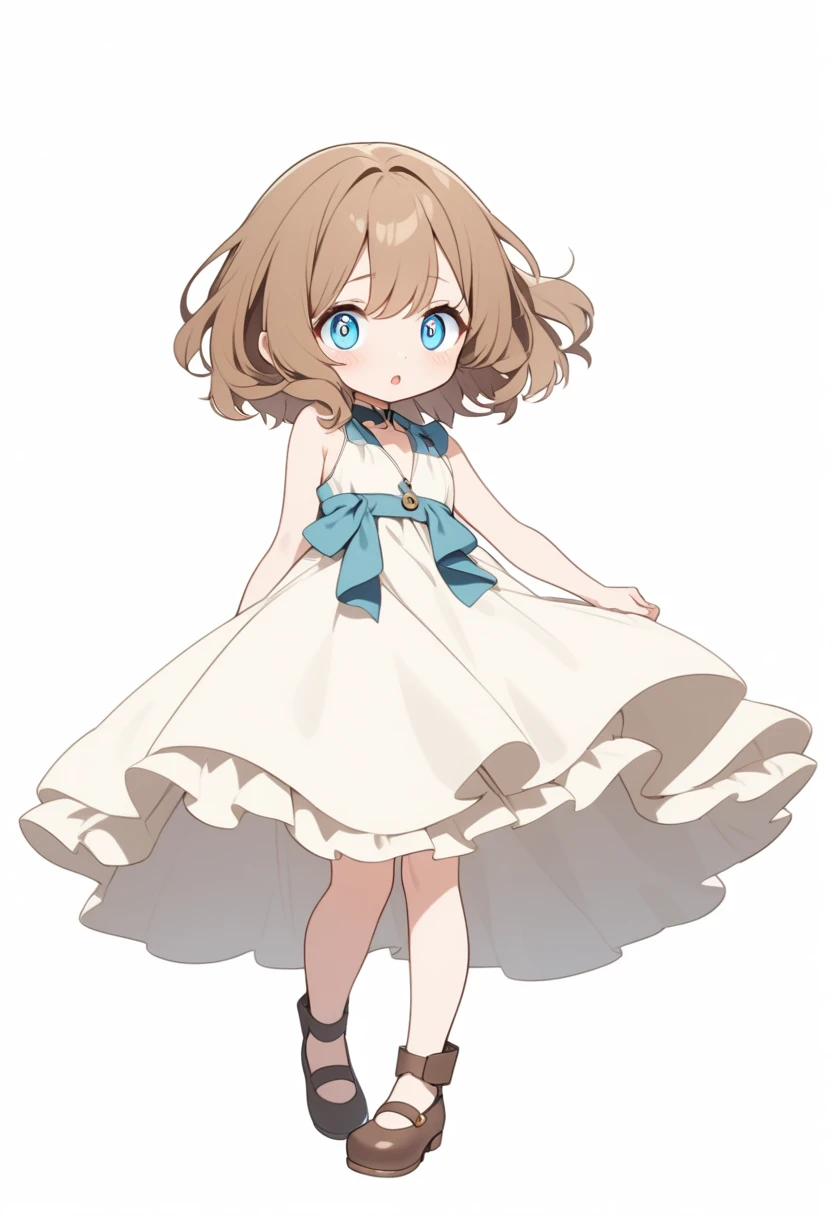 a girl, brown hair, short wave hair, big eyes, blue eyes, white background, full body