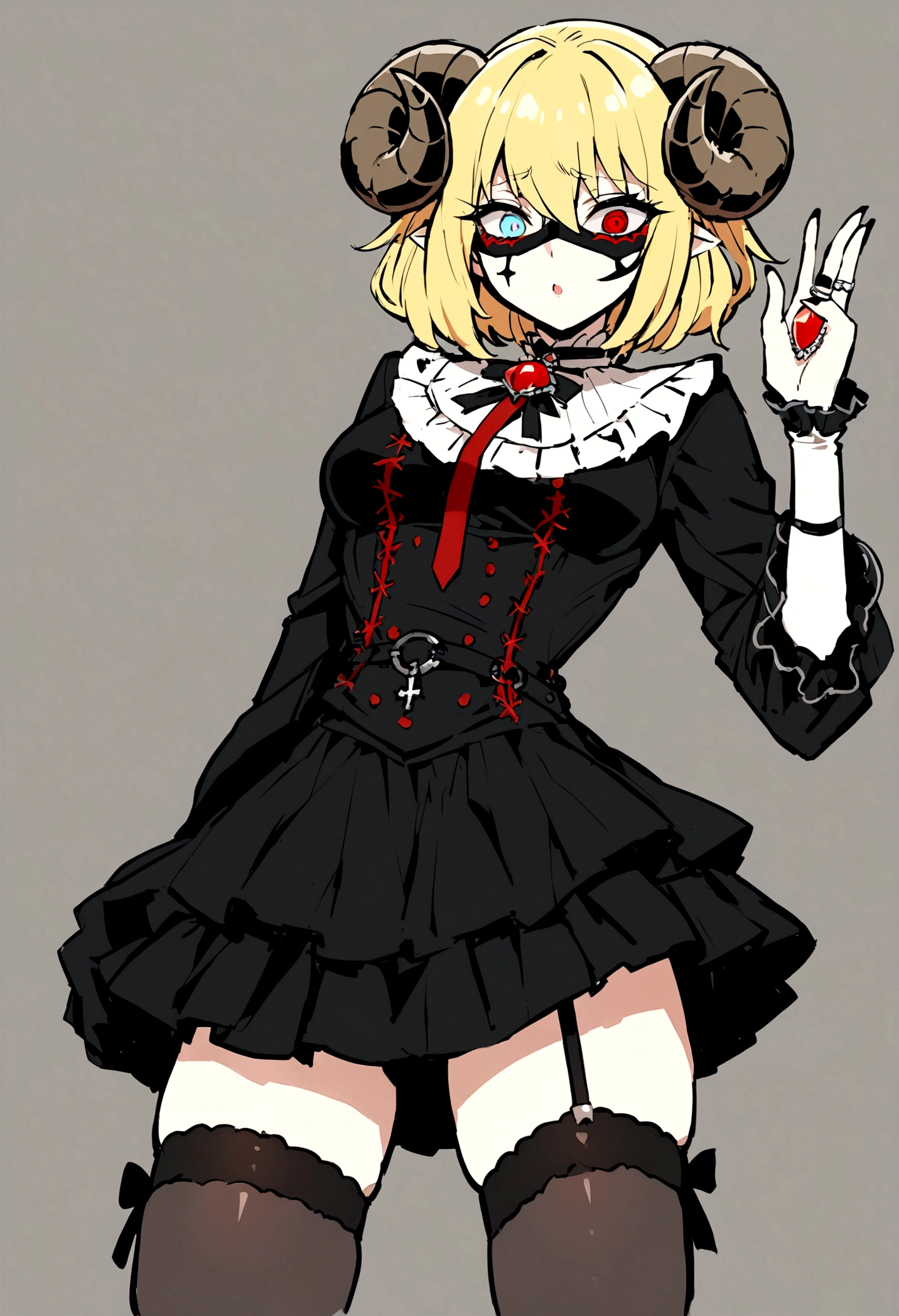 masterpiece, Highest quality, ((1 person)),Yellow Hair,Light blue eyes,Expression of agony,whole body,Manga style,Bob Hair,Landmine makeup,Eyes that feel,((Danmachi style),Sheep horns on the head,Red corners of the eyes,Thigh High,Jiraikei,skirt,ring,gem,黒いThigh High,Black Mask,shirt,cross,黒いskirt,Frills,Gothic,ribbon,Gothic,Long sleeve