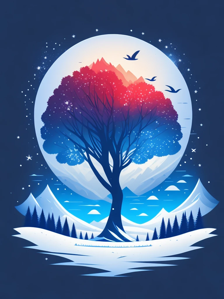a spruice tree in a winter landscape, tshirt design, rzminjourney, vector-art