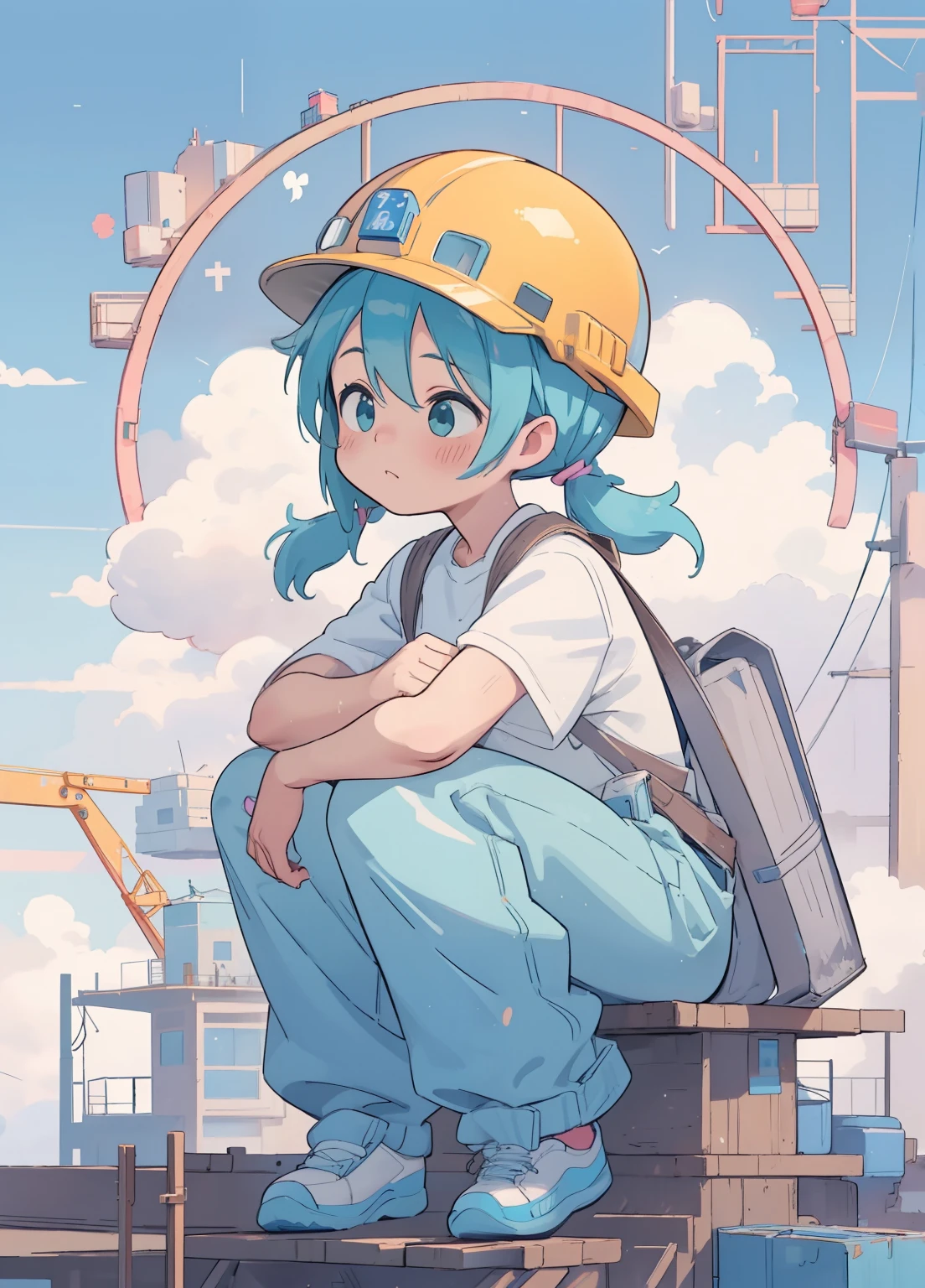 (masterpiece、Highest quality、Highest quality、Official Art、Beautiful and beautiful:1.2)、(One girl:1.3)Hatsune Miku、Twin tails,Beautiful breasts,Wearing a helmet、Safety helmet、Yellow Helmet、Gaten、Nikkapokka、Baggy trousers、construction、architecture、steel frame、Work clothes、construction現場で働く女の子、construction現場、towel、Strong man、carry heavy loads、safety first