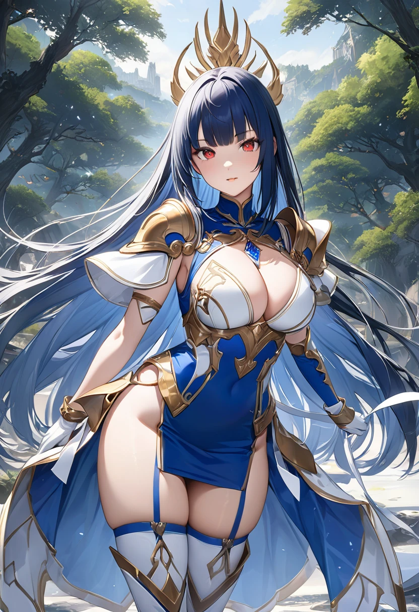 Highest quality、unity 8k wallpaper、32k、masterpiece、Very detailed、Ultra-high resolution、Very detailedな顔, RAW Photos, Professional, Ultra-fine painting,　Blue long straight hair、Red Eyes、(Tree Eyes), Cool and sharp features, Hime cut, 20～A female magical warrior, about 24 years old.、Blue and white leotard、Blue and white gold-embellished pencil skirt with side armor and long slits、Half puff sleeves with shoulder pads、A large white ribbon with a large sapphire on the chest、White and blue long gloves、White and blue thigh-high stiletto boots、whole body