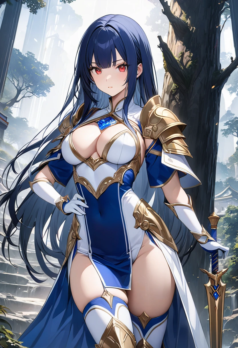 Highest quality、unity 8k wallpaper、32k、masterpiece、Very detailed、Ultra-high resolution、Very detailedな顔, RAW Photos, Professional, Ultra-fine painting,　Blue long straight hair、Red Eyes、(Tree Eyes), Cool and sharp features, Hime cut, 20～A female magical warrior, about 24 years old.、Blue and white leotard、Blue and white gold-embellished pencil skirt with side armor and long slits、Half puff sleeves with shoulder pads、A large white ribbon with a large sapphire on the chest、White and blue long gloves、White and blue thigh-high stiletto boots、whole body