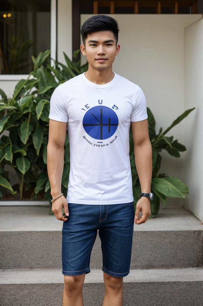 A young Thai man wears a t-shirt and jeans and sandals.