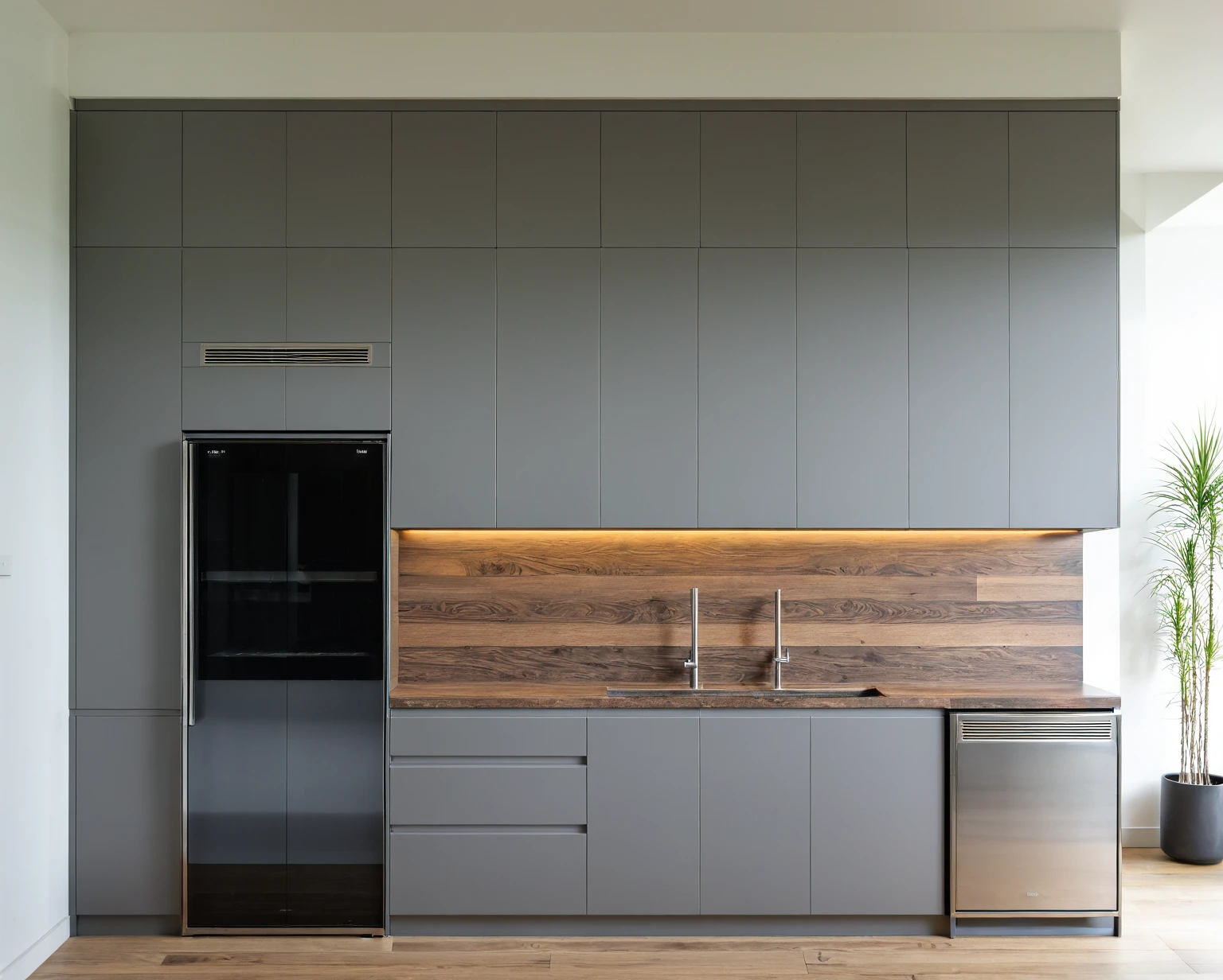 Raw photo,Masterpiece, high quality, best quality, authentic, super detail, interior, KITCHEN CABINETS style modern, sunset, day light, HIGH CEILING KITCHEN CABINETS, REFRIGERATOR, INDUCTION KITCHEN, EXHAUST, GRAY AND WOODEN TONES, WOODEN, GRAY