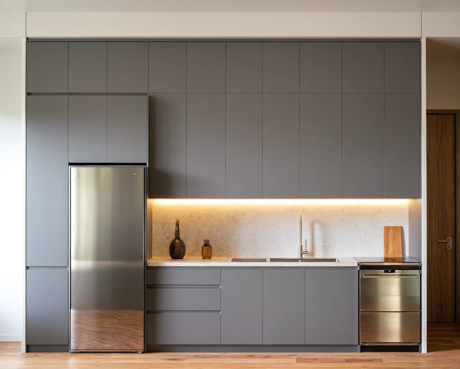 Raw photo,Masterpiece, high quality, best quality, authentic, super detail, interior, KITCHEN CABINETS style modern, sunset, day light, HIGH CEILING KITCHEN CABINETS, REFRIGERATOR, INDUCTION KITCHEN, EXHAUST, GRAY AND WOODEN TONES, WOODEN, GRAY