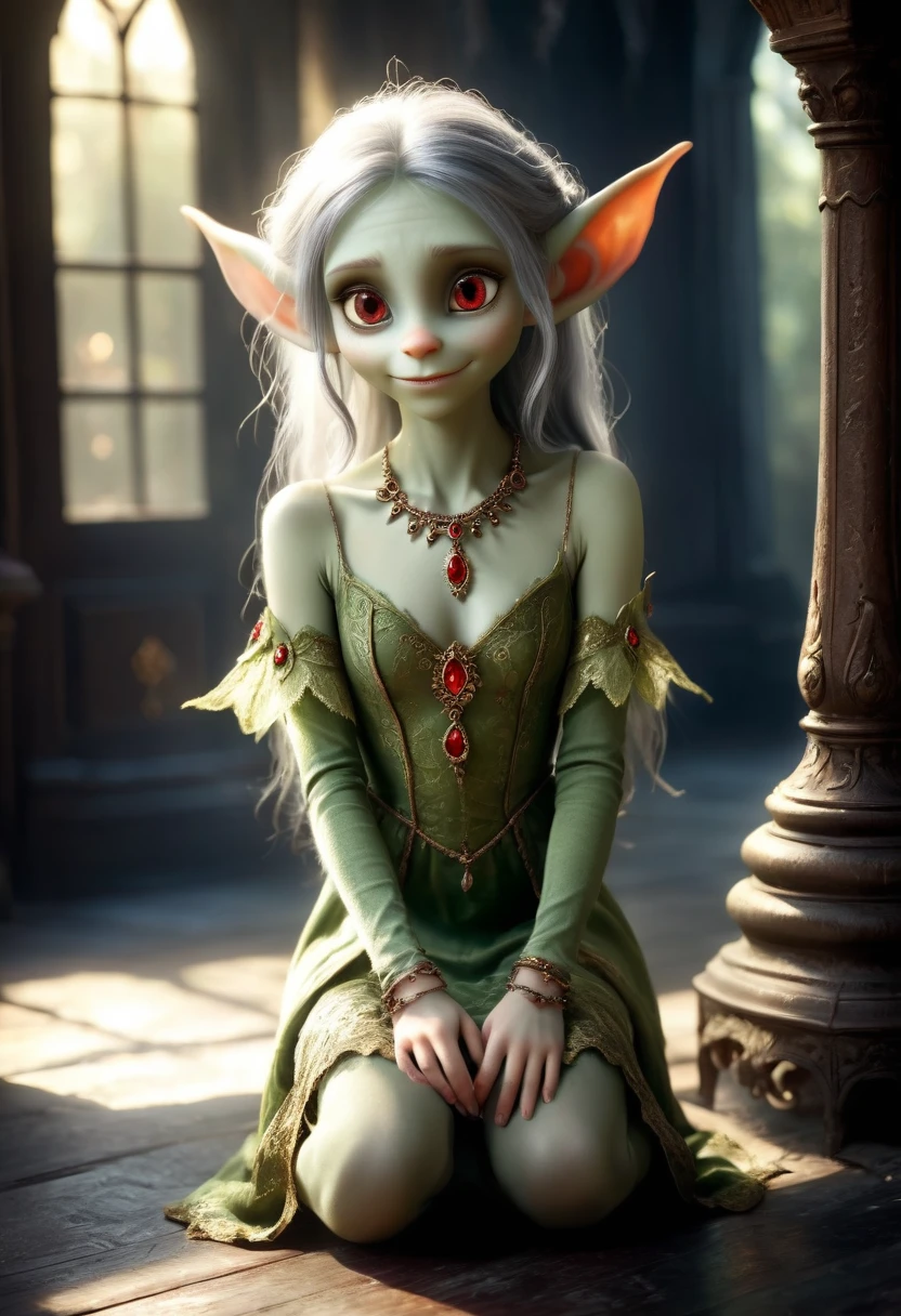 (Realisttic:1.2), analog photo style, (cute goblin wooman looking like elf, intensed red eyes, surrounded by a gloomy antique setting), (her full body s a visual pleasure), faint smile, soft shading expresses beautiful skin texture, sexy and seductive, Graceful curve, light reflection on the floor, ornate embroidery and embellishments, an elegant necklace, thin bracelets on the wrist, rich and lustrous hair, three dimensional effect, gloomy dark atmosphere, play of light in the sun rays, a delicate balance between beauty and darkness, faded colours, great quality, Masterpiece, intricate fantasy background, naturally cinematic light, 16k quality, HDR, RAW photo
