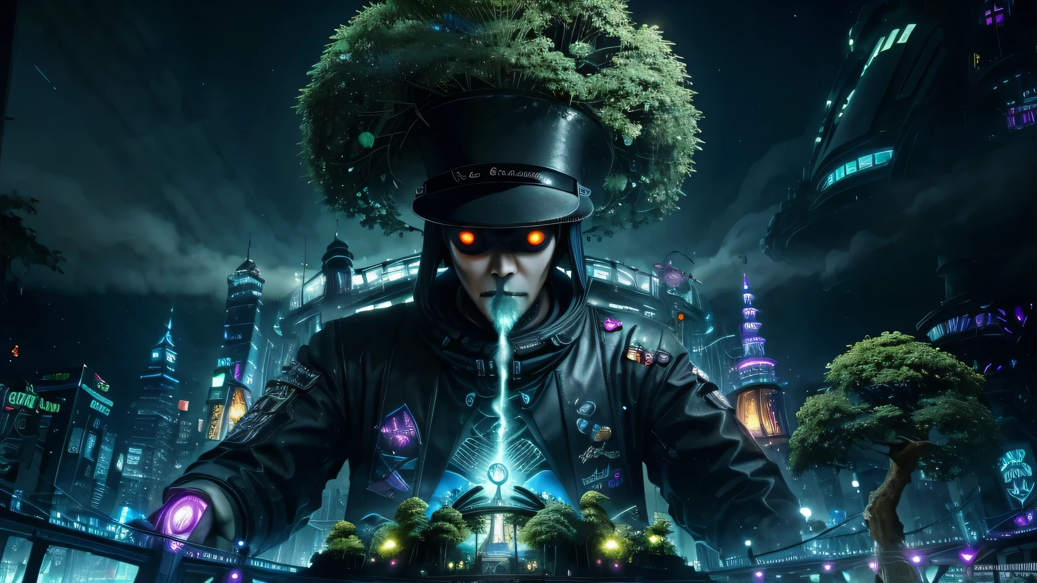 8K, Alien wearing a top hat and smoking a cigarette, Hyper, cyber punk, Made from ruins, Skyscraper, Taipei City, Painting of a tree with a bridge, Fantasy valley with trees, Highly detailed fantasy, Fantasy Tree, Colorful detailed dreamscape, Cosmic Tree of Life, Boy looking at pictures