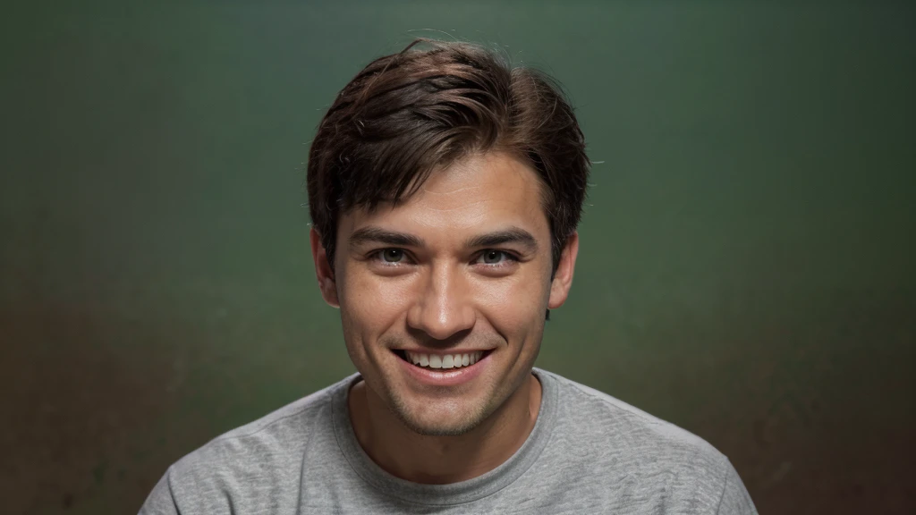 Make a thumbnail for YouTube for Christian church. handsome man, ator de hoolywood crus pinne, 30years, gray t-shirt. It is on the right side of the image, steady look, ssmile, showing teeth, very cheerful, super alegre, buzzing with joy. looking forward and standing still. Man is surprised, glad. Leave the left side of the image empty. Photo ISO 700, 18-55mm f/3.5G VR, nikon d5000 21 megapixel image. ((Chroma key background)). ((Imagem para Thumbnail)).