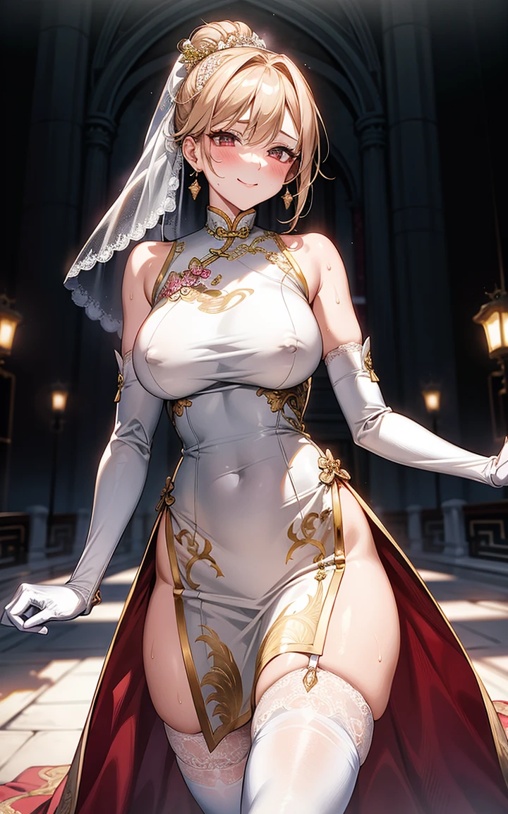 Camel Toe:1.4、(Sweat)、(vapor)、(((Long gloves:1.3)))、、Knee-high socks、Open your thighs wide to the left and right、Crouch on the ground、Show the audience your crotch, (、, Spread your legs:1.3, ))、1、Absurd、、golden headband、Flat lighting、elevation、sexy pose、Highest quality、Complex、Surreal、perspective, Very detailed, Detailed Background, shape、1 Girl、alone、Big Breasts、A light smile, Embarrassing, blush, (()), Long gloves、- Elbow hand pockets、Nipples、sexy、Sensual, Huge breasts, White Chinese Dress, (Chinese dress with slit:1.3),), Bridal Legwear, (Asymmetrical legwear:1.1), Lace trim, (Showgirl skirts, Cross lace skirt, Tight skirt, See-through skirt:0.5), White lace-trimmed gloves, Single Bridal Gauntlet, (Bridal Garter:1.1), A beautiful woman with supple curves, Bare shoulders, Cowboy Shot, church, Bushes, wood, maniac, Dynamic Light, Dynamic Shadows, the wind is strong, stomach,Knee-high socks、Long gloves,Knee-high socks、Long gloves