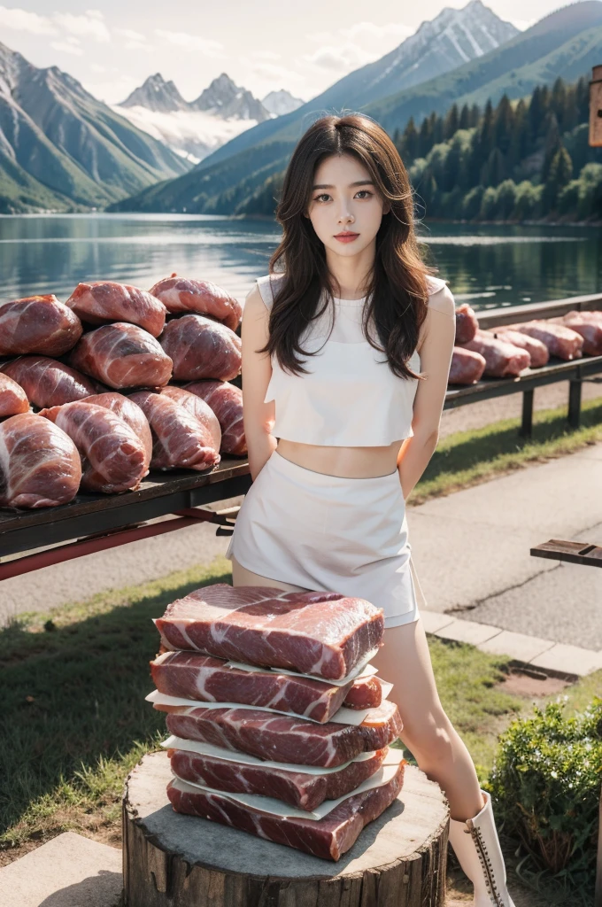 (((best quality))),(((ultra detailed))),(((masterpiece))),illustration, 1girl,female butcher,solo,slim,thin,small breasts,flat chest,white apron, plainradiant face, hint of smile,slender legs,boots,standing,arms behind back,full body, gentle and innocent nature, warehouse, (mountains of fresh pork:1.5), (neatly stacked meat:1.5), stark white walls, contrasting red and pink hues, Calm and composure, sense of warmth and humanity, natural lighting, sunlight, silhouette, delicate frame, graceful posture, unique and intriguing moment, resilience and adaptability of the human spirit