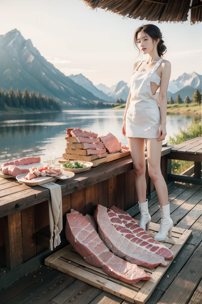 (((best quality))),(((ultra detailed))),(((masterpiece))),illustration, 1girl,female butcher,solo,slim,thin,small breasts,flat chest,white apron, plainradiant face, hint of smile,slender legs,boots,standing,arms behind back,full body, gentle and innocent nature, warehouse, (mountains of fresh pork:1.5), (neatly stacked meat:1.5), stark white walls, contrasting red and pink hues, Calm and composure, sense of warmth and humanity, natural lighting, sunlight, silhouette, delicate frame, graceful posture, unique and intriguing moment, resilience and adaptability of the human spirit