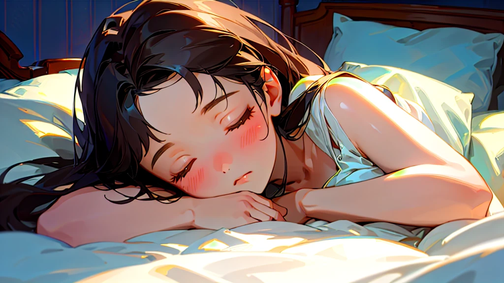 (Highest quality, masterpiece, Ultra-realistic), Beautiful and delicate１５Year-old girl portrait,, The background is my bedroom at home.、Sleeping with a calm expression、Midnight、It&#39;s pitch black in the room.、It&#39;s raining outside、Rainy season、It's dark outside