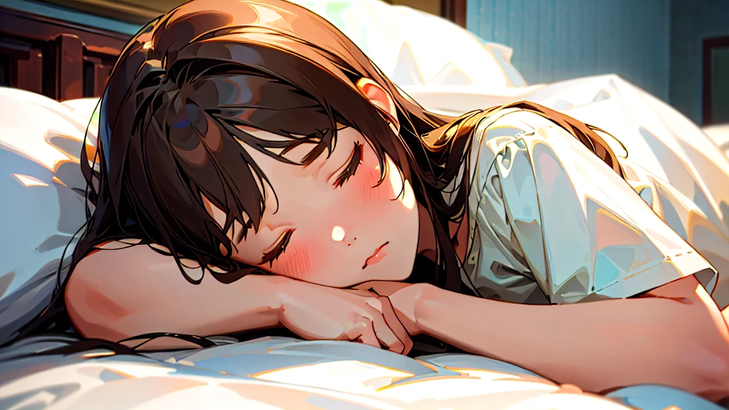 (Highest quality, masterpiece, Ultra-realistic), Beautiful and delicate15Year-old girl portrait,, The background is my bedroom at home.、Sleeping with a calm expression、Midnight、It's pitch black in the room.、It's raining outside、Rainy season、It's dark outside