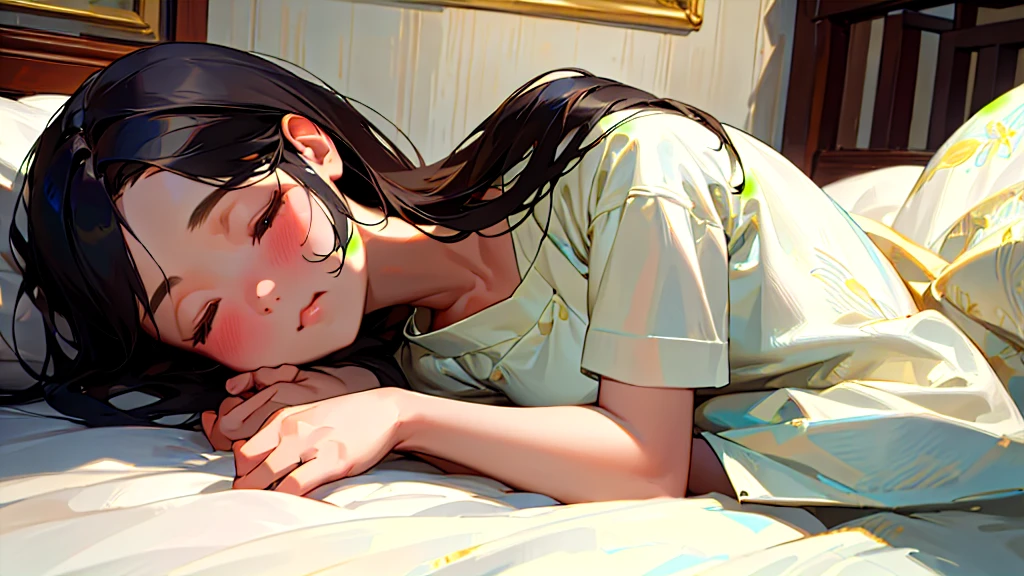 (Highest quality, masterpiece, Ultra-realistic), Beautiful and delicate１５Year-old girl portrait,, The background is my bedroom at home.、Sleeping with a calm expression、Midnight、It&#39;s pitch black in the room.、It&#39;s raining outside、Rainy season、It's dark outside