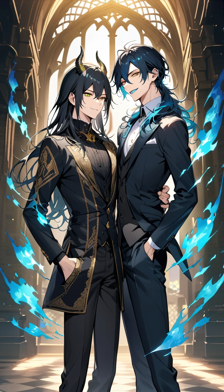 (pieces fly), (highest quality), very detailed, ((two men)), perfect face, beautiful face, very detailed face，(black haired man:1.3)，(white haired man:1.3)，suit，shirt，smile，flower, (1st boy,Idia Shroud, bishounen, boy, male, extremely long hair, blue hair, blue fire hair, wavy hair, yellow eyes, tired expression, blue lips, handsome, skinny, geeky, blue glow, shark teeth,) (2nd boy, malleus draconia \(twisted wonderland\) horns, bishounen, boy, male, long hair, black hair, yellow green eyes, smile, gray lips, handsome, skinny, tall, yellow green glow,) 