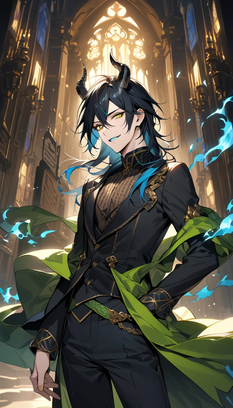 (pieces fly), (highest quality), very detailed, ((two men)), perfect face, beautiful face, very detailed face,(black haired man:1.3),(white haired man:1.3),suit,shirt,smile,flower, (1st boy,Idia Shroud, bishounen, boy, male, extremely long hair, blue hair, blue fire hair, wavy hair, yellow eyes, tired expression, blue lips, handsome, skinny, geeky, blue glow, shark teeth,) (2nd boy, malleus draconia \(twisted wonderland\) horns, bishounen, boy, male, long hair, black hair, yellow green eyes, smile, gray lips, handsome, skinny, tall, yellow green glow,)