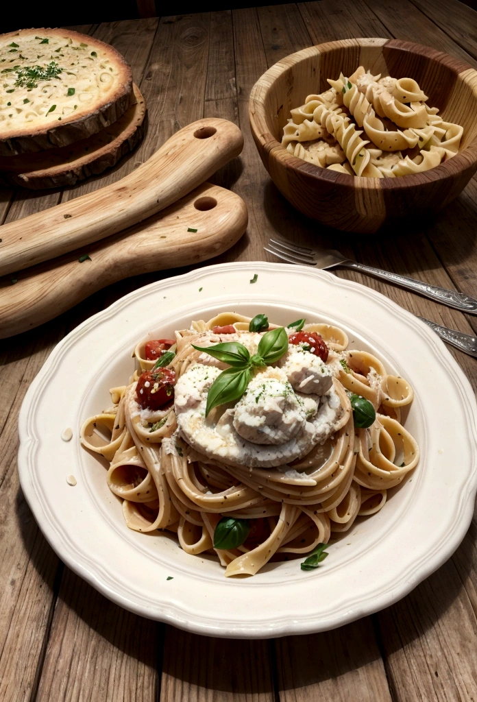 a delicious pasta dish, rustic wooden table, Italian recipe