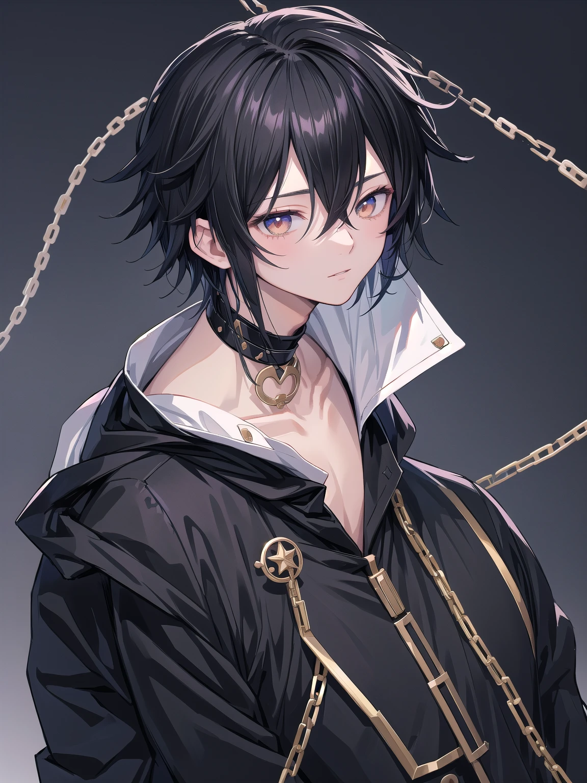 anime boy with black hair and a chain around his neck, anime moe artstyle, male anime style, boy has short black hair, anime style character, young anime man, semi realistic anime, in an anime style, inspired by Okumura Togyu, detailed anime soft face, inspired by Okumura Masanobu, a handsome man,black short hair