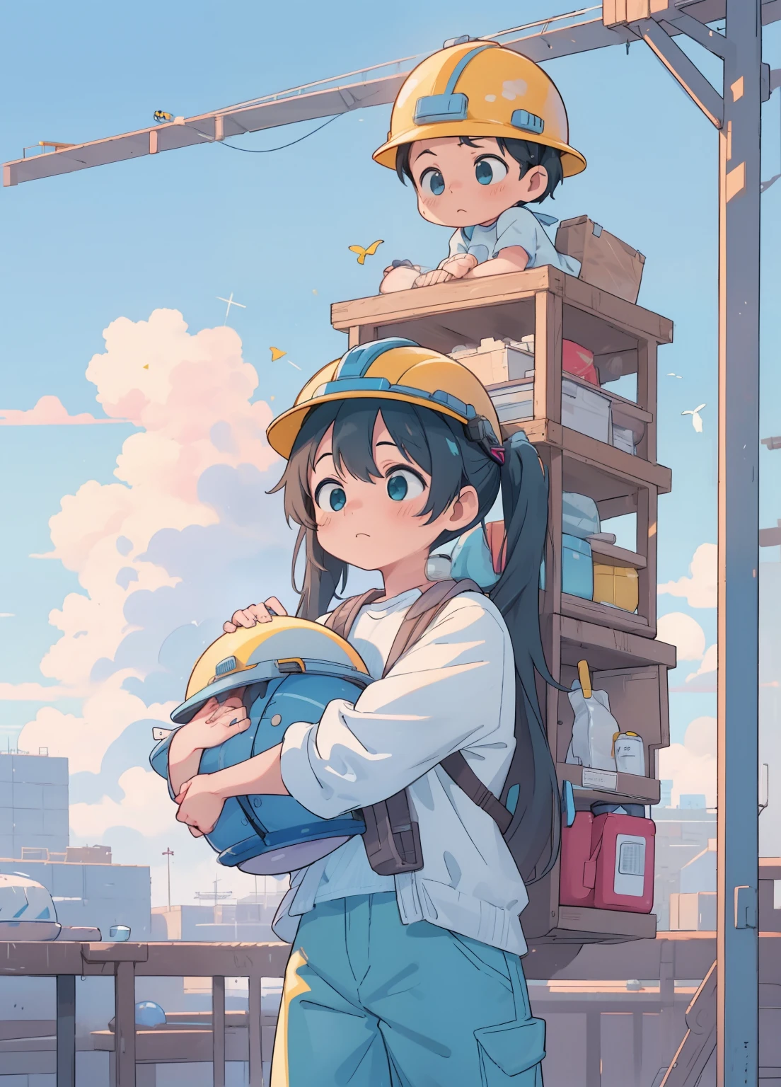 (masterpiece、Highest quality、Highest quality、Official Art、Beautiful and beautiful:1.2)、(One girl:1.3)Hatsune Miku、Twin tails,Beautiful breasts,Wearing a helmet、Safety helmet、Yellow Helmet、Gaten、Nikkapokka、Baggy trousers、construction、architecture、steel frame、Work clothes、construction現場で働く女の子、construction現場、towel、Strong man、carry heavy loads、safety first
