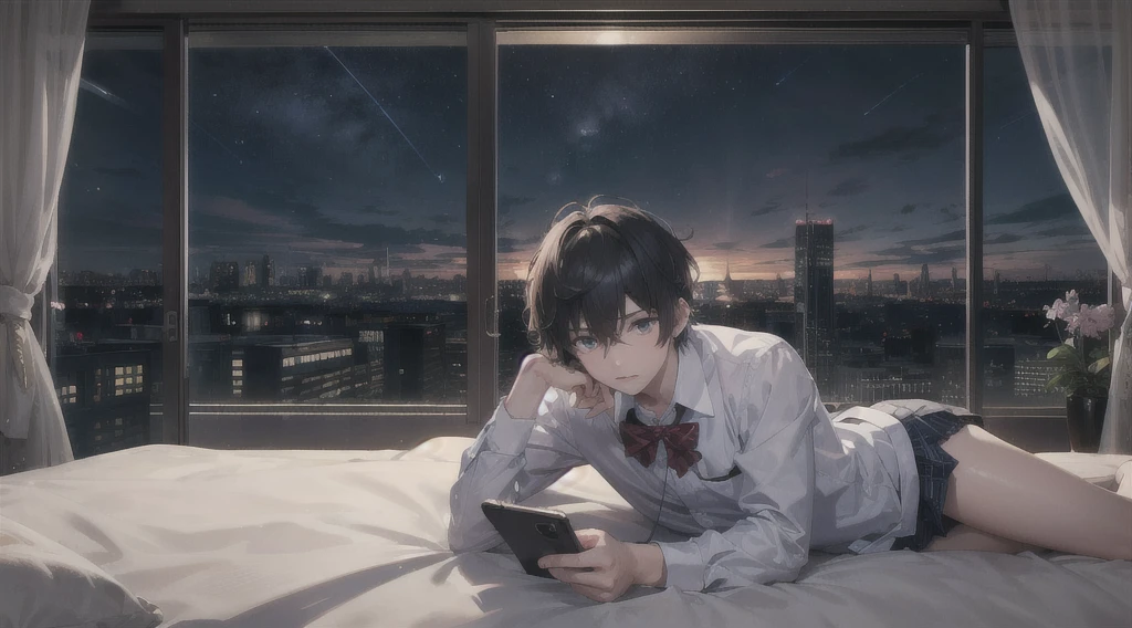Highest quality(8k)masterpiece、Time: Night(1.8)He is lying on the bed by the window and talking on his cell phone.(1.8)Clothing is high school uniform(1.8)The night view can be seen from the window(1.8)、A room in a high-rise apartment with very large windows(1.8)It's dim in the room.(1.8)、One girl、Very cute、Best Style、Hairstyle(semi-long (1.8))The room is a high school girl's room(1.8)、There are no curtains、
